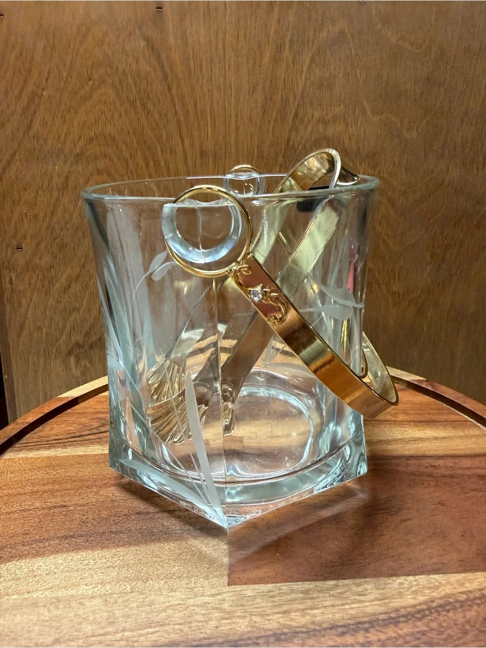 Vintage Arte Murano Linea Mary Crystal Ice Bucket Gold Tone Handle Tongs Italy